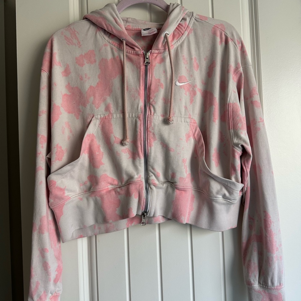Nike Women's Tie-Dye Pink and White Zip-Up Hoodie